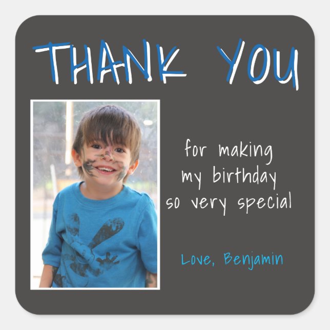 Blue Grey Birthday Boy Photo Thank you Favour Square Sticker (Front)