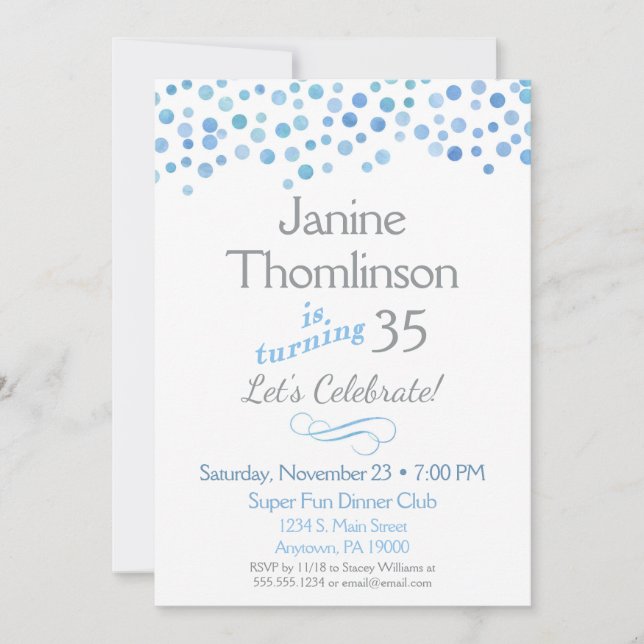 Blue Grey Birthday Invitation Confetti Watercolor (Front)