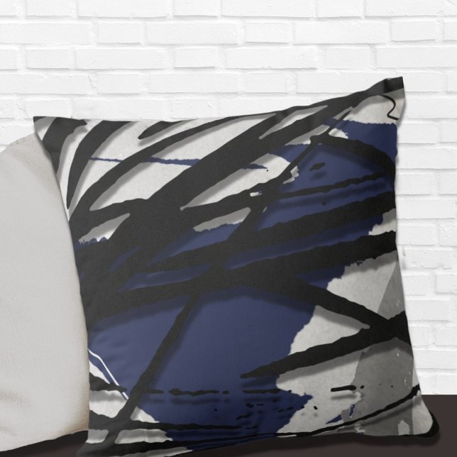 Blue Grey Black Abstract Watercolor Throw Pillow (Creator Uploaded)