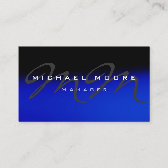 Blue Grey Black Unique Monogram Business Card (Front)