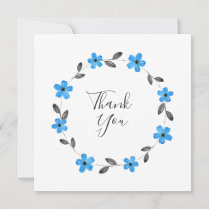 Blue Grey Black Watercolor Floral Wreath Thank You Card