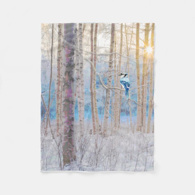 Blue Grey Blue Jay Bird Forest Trees Art Fleece Blanket (Front)