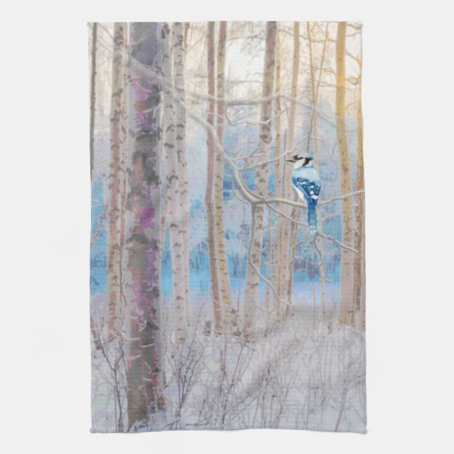 Blue Grey Blue Jay Bird Forest Trees Art Tea Towel (Vertical)