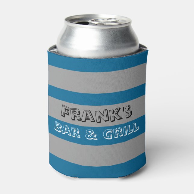 Blue & Grey Bold Stripes Personalised Can Cooler (Can Front)