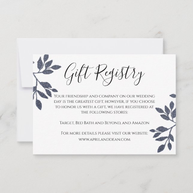 Blue Grey Botanical Glitter Wedding Registry Card (Front)