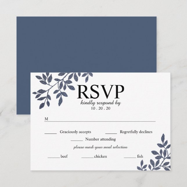Blue Grey Botanical Glitter Wedding RSVP Card (Front/Back)