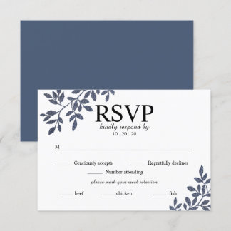 Blue Grey Botanical Glitter Wedding RSVP Card