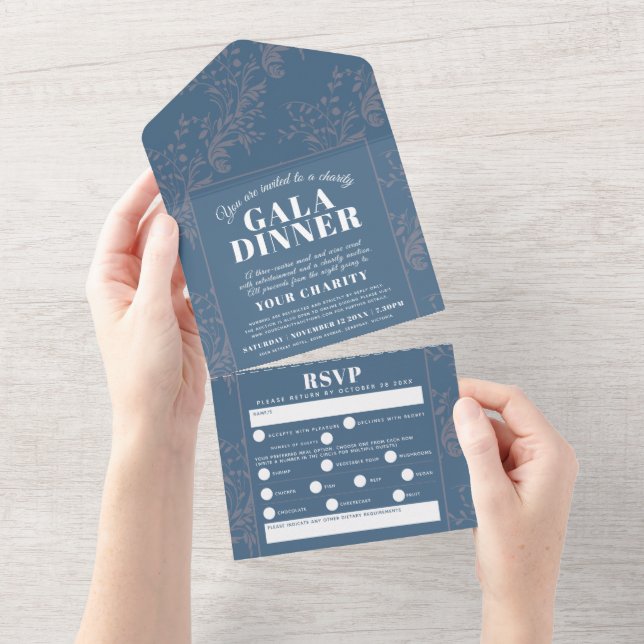 Blue grey botanical pattern gala dinner event all in one invitation (Tearaway)
