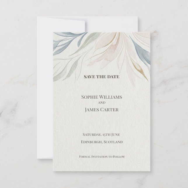 Blue Grey Botanical Save The Date Card (Front)