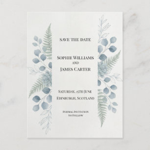 Blue Grey Botanical Save The Date Postcard