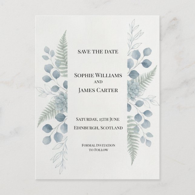 Blue Grey Botanical Save The Date Postcard (Front)