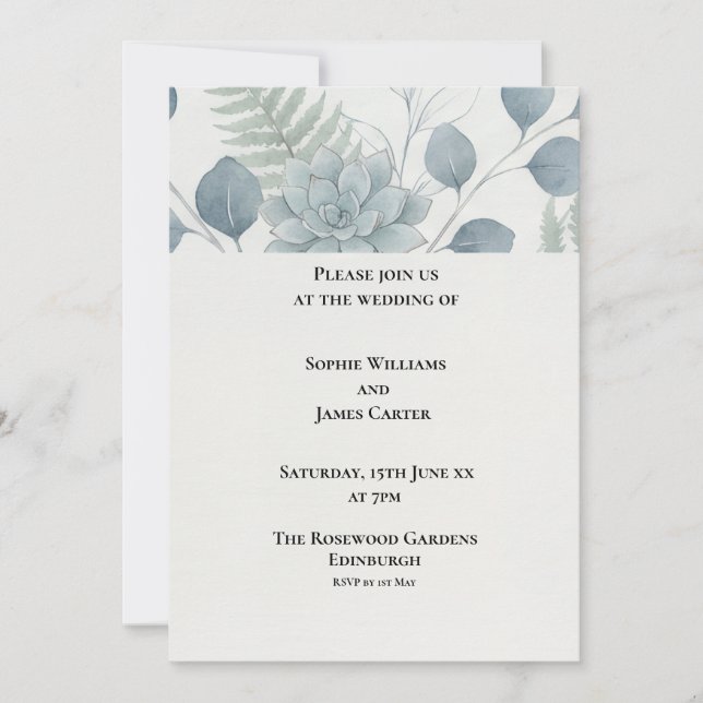 Blue Grey Botanical Wedding Invitation (Front)