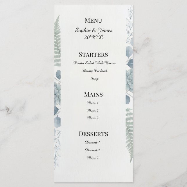 Blue Grey Botanical Wedding Menu (Front)