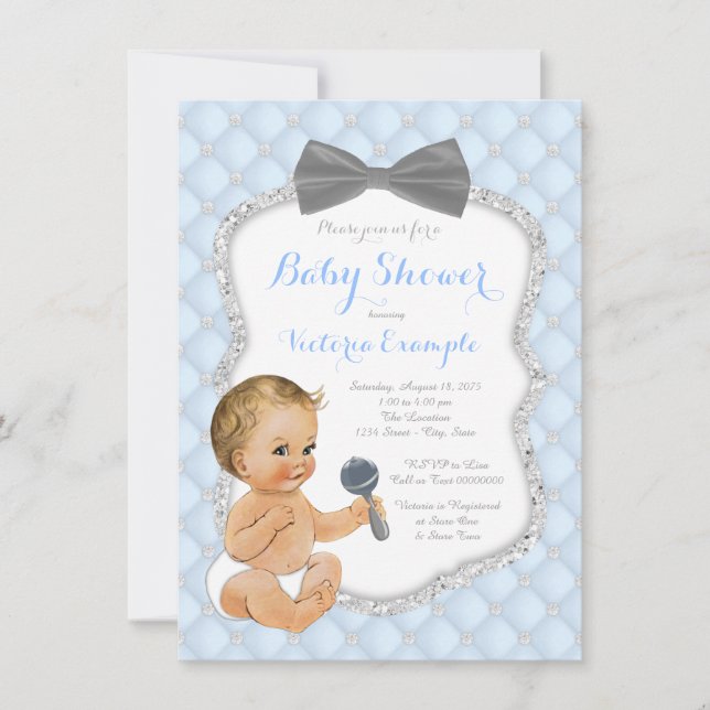Blue Grey Bow Tie Boy Baby Shower Invitation (Front)