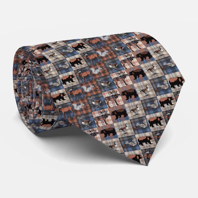 Blue Grey Brown Checks Woodland Animals on Plaid Tie (Rolled)