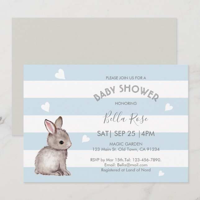 Blue Grey Bunny Baby Shower Invitations (Front/Back)