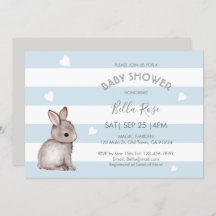 Blue Grey Bunny Baby Shower Invitations