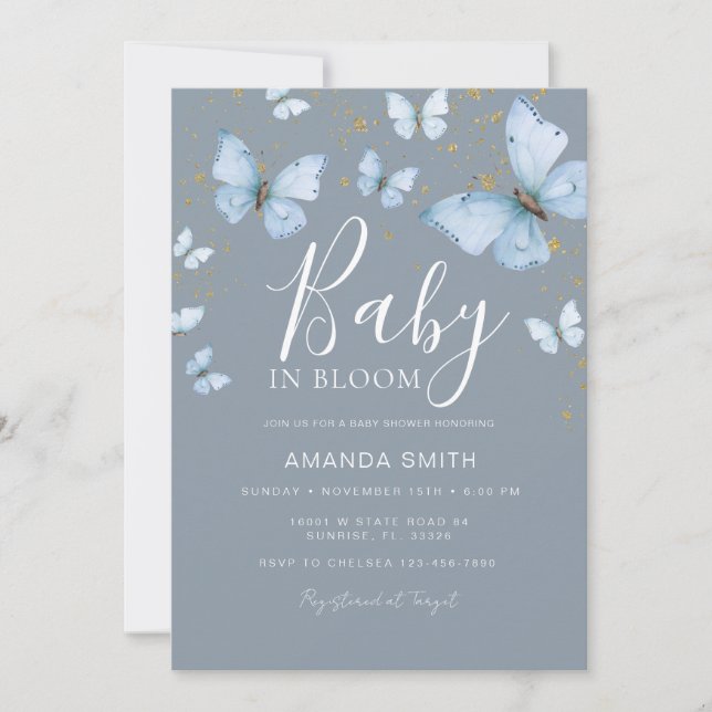 Blue Grey Butterfly Baby in Bloom Baby Shower Invitation (Front)