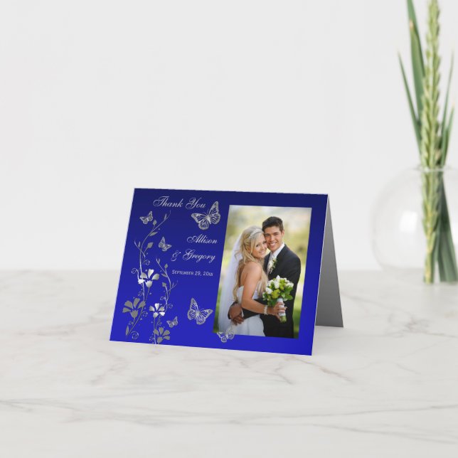 Blue, Grey Butterfly Floral Photo Thank You Card (Front)