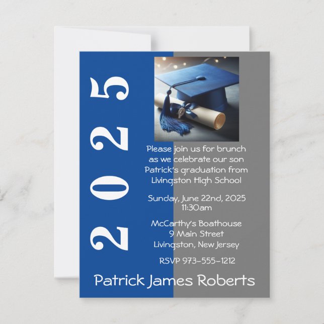 Blue & Grey Cap Design Graduation Invitation (Front)