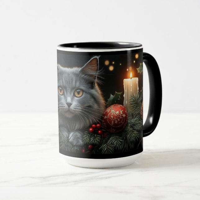Blue-Grey Cat Lovers Christmas Gift Mugs (Front Right)