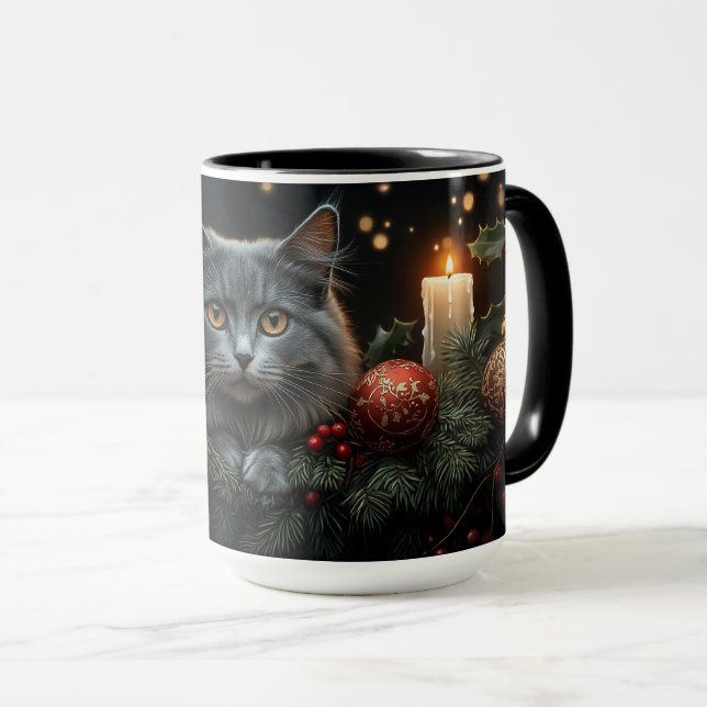 Blue-Grey Cat Lovers Christmas Gift Mugs (Front Right)