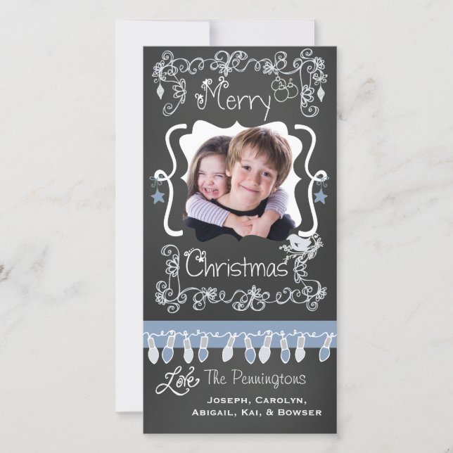 Blue/Grey Chalkboard Merry Christmas Photo Card (Front)
