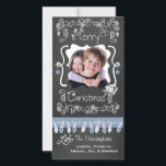 Blue/Grey Chalkboard Merry Christmas Photo Card<br><div class="desc">Merry Christmas holiday photo cards with a chalkboard look background, lots of grey swirls and text that reads Merry Christmas, a string of tree lights in blue and grey, grey and blue hanging ornaments, and areas you can customise these beautiful and bright holiday photo cards with your photo and names!...</div>