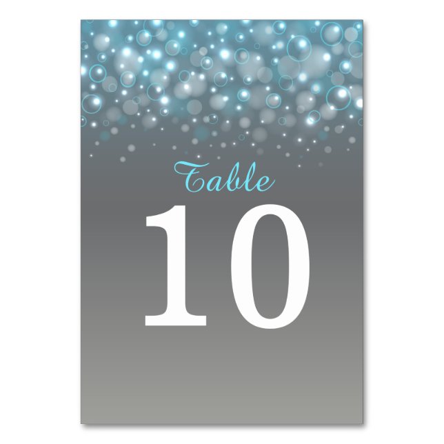 Blue grey champagne bubbles Wedding table numbers (Front)