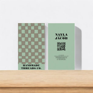 Blue Grey Chequerboard Pattern QR Code Handmade Business Card