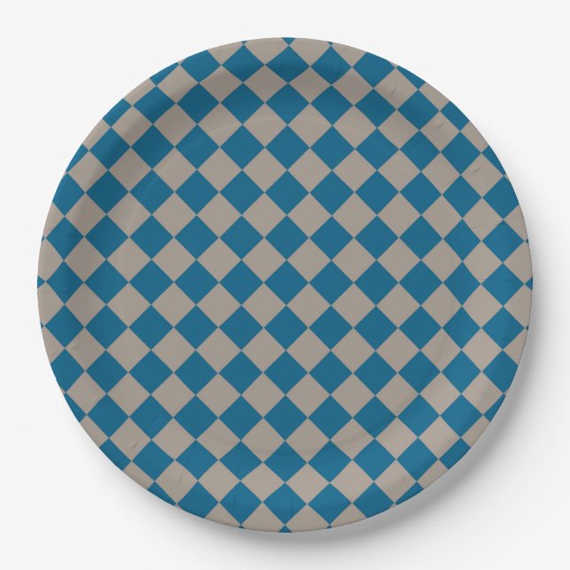 Blue Grey Chequered Diamond Pattern Paper Plate (Front)