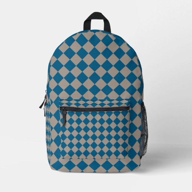 Blue Grey Chequered Diamond Pattern Printed Backpack (Front)