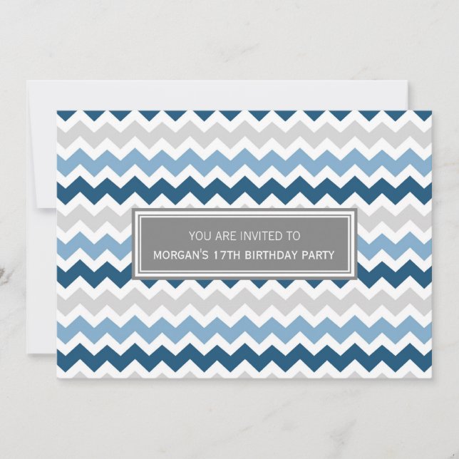 Blue Grey Chevron 17th Birthday Party Invitation (Front)