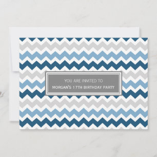 Blue Grey Chevron 17th Birthday Party Invitation