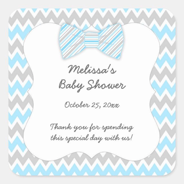 Blue Grey Chevron bow tie boy baby shower favour Square Sticker (Front)