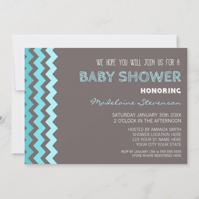 Blue Grey Chevron Custom Baby Shower Invitations (Back)