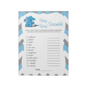 Blue & Grey Chevron Elephant Baby Word Game 2 Notepad