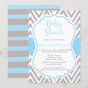 Blue Grey Chevron Frame Boy Baby Shower Invitation