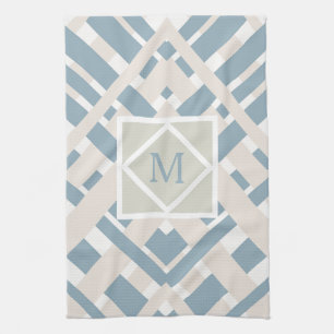Blue Grey Chevron Geometric Design with Monogram Tea Towel