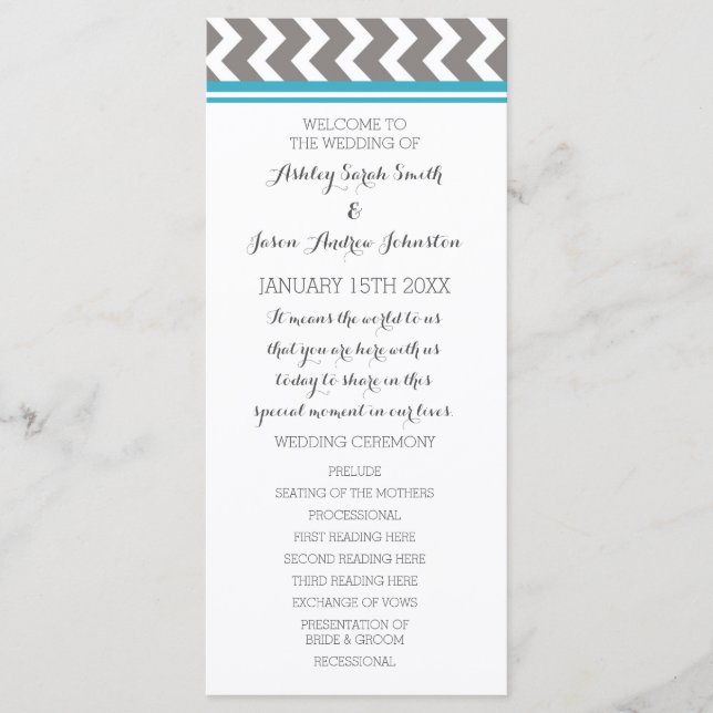 Blue Grey Chevron Wedding Program Programme (Front)