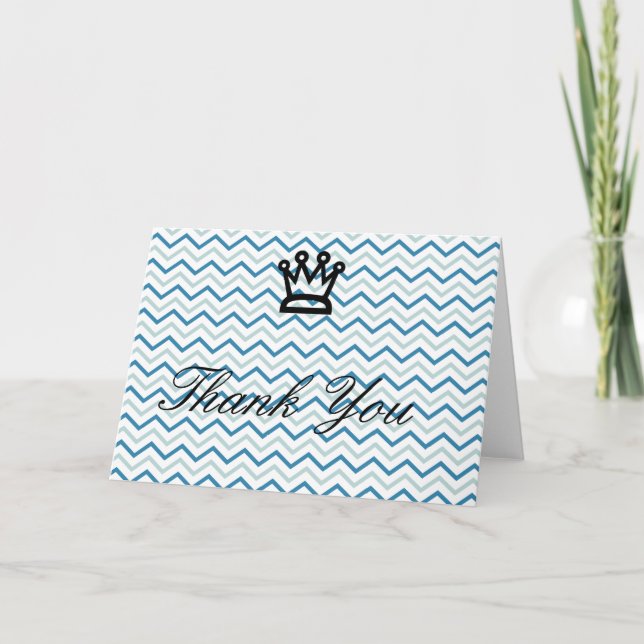 Blue Grey Chevrons with Crown Thank You Card (Front)