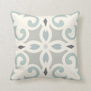 Blue, Grey & Cream Patterned Neutral Throw Pillow