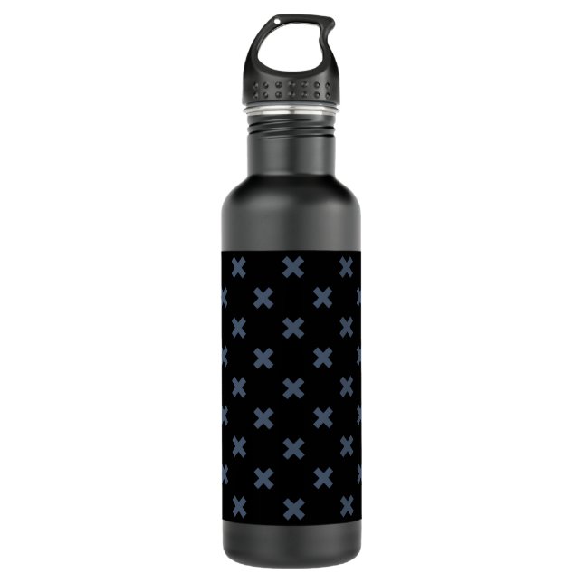 Blue-grey cross stitches on black 710 ml water bottle (Front)