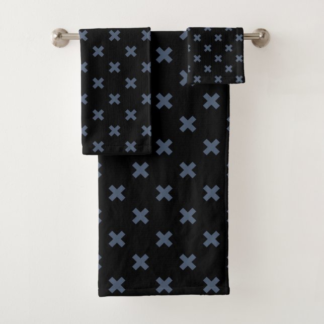 Blue-grey cross stitches on black bath towel set (Insitu)