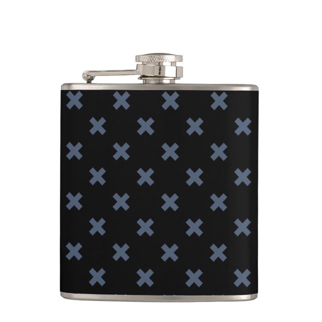 Blue-grey cross stitches on black hip flask (Front)