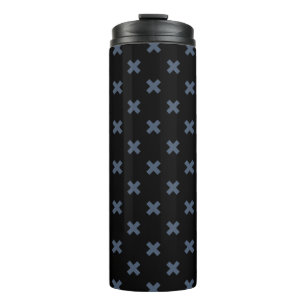 Blue-grey cross stitches on black thermal tumbler