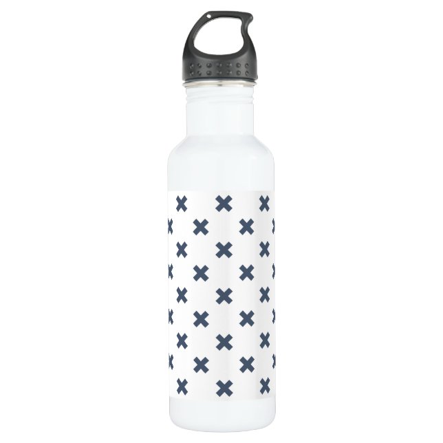 Blue-grey cross stitches on white 710 ml water bottle (Front)
