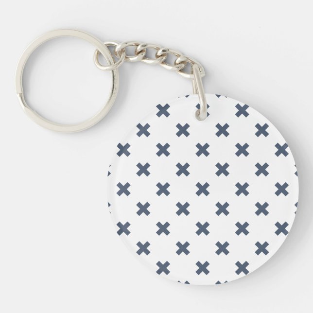 Blue-grey cross stitches on white key ring (Front)
