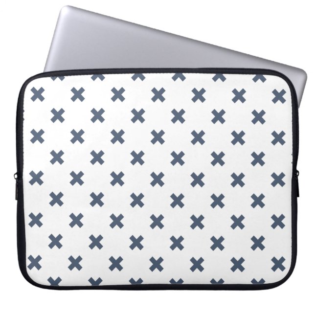 Blue-grey cross stitches on white laptop sleeve (Front)