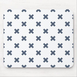 Blue-grey cross stitches on white mouse mat